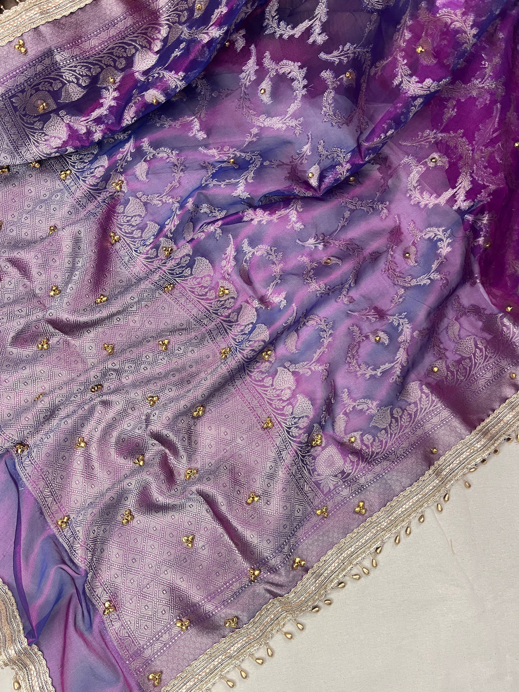 Lavender Shade Tissue Silk Saree With Ghungroo & Designer Border Lace Saree