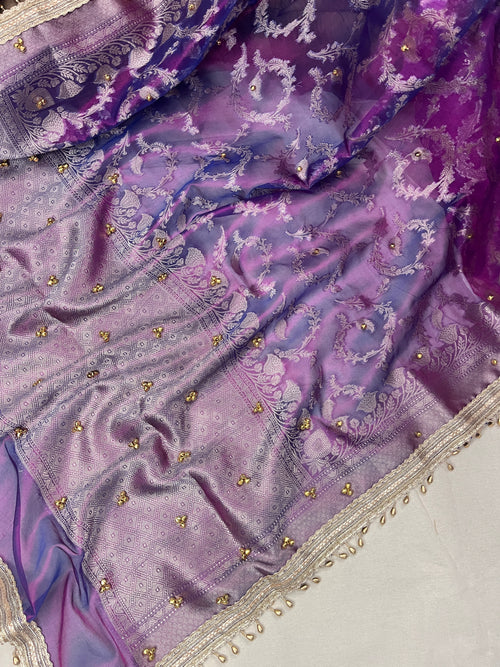 Lavender Shade Tissue Silk Saree With Ghungroo & Designer Border Lace Saree