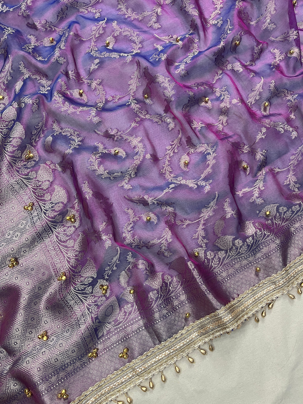 Lavender Shade Tissue Silk Saree With Ghungroo & Designer Border Lace Saree