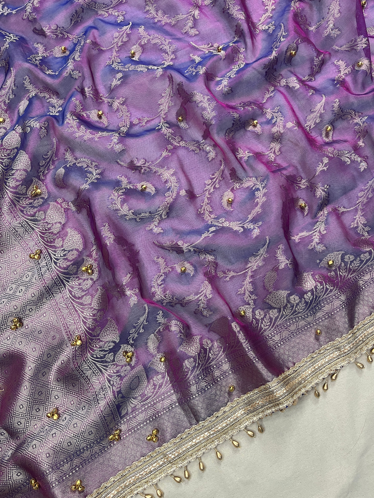 Lavender Shade Tissue Silk Saree With Ghungroo & Designer Border Lace Saree