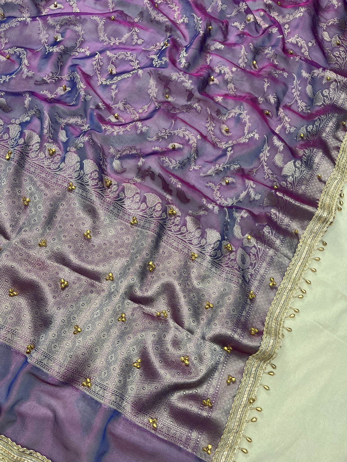 Lavender Shade Tissue Silk Saree With Ghungroo & Designer Border Lace Saree