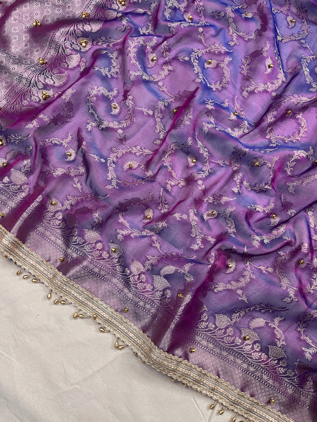 Lavender Shade Tissue Silk Saree With Ghungroo & Designer Border Lace Saree