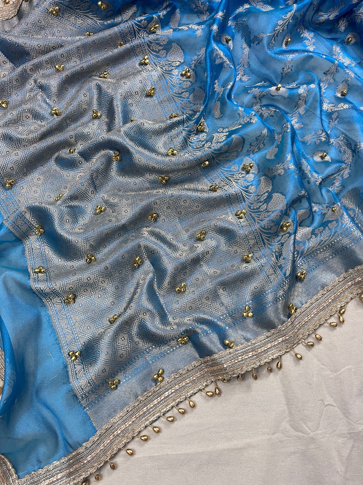 Sky Blue Tissue Silk Saree With Ghungroo & Designer Border Lace Saree