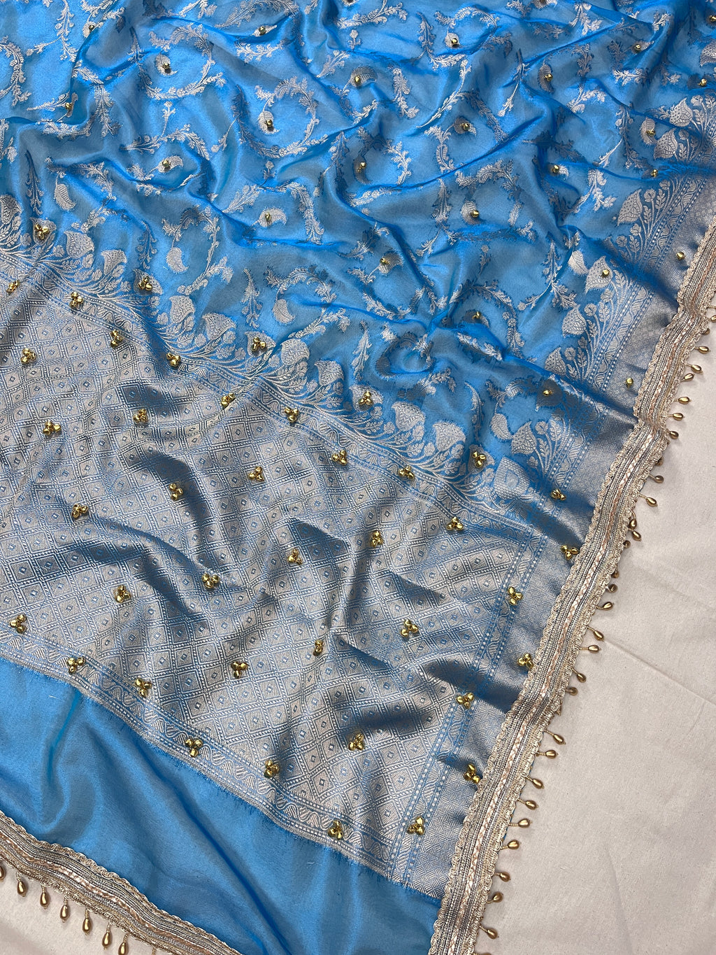 Sky Blue Tissue Silk Saree With Ghungroo & Designer Border Lace Saree