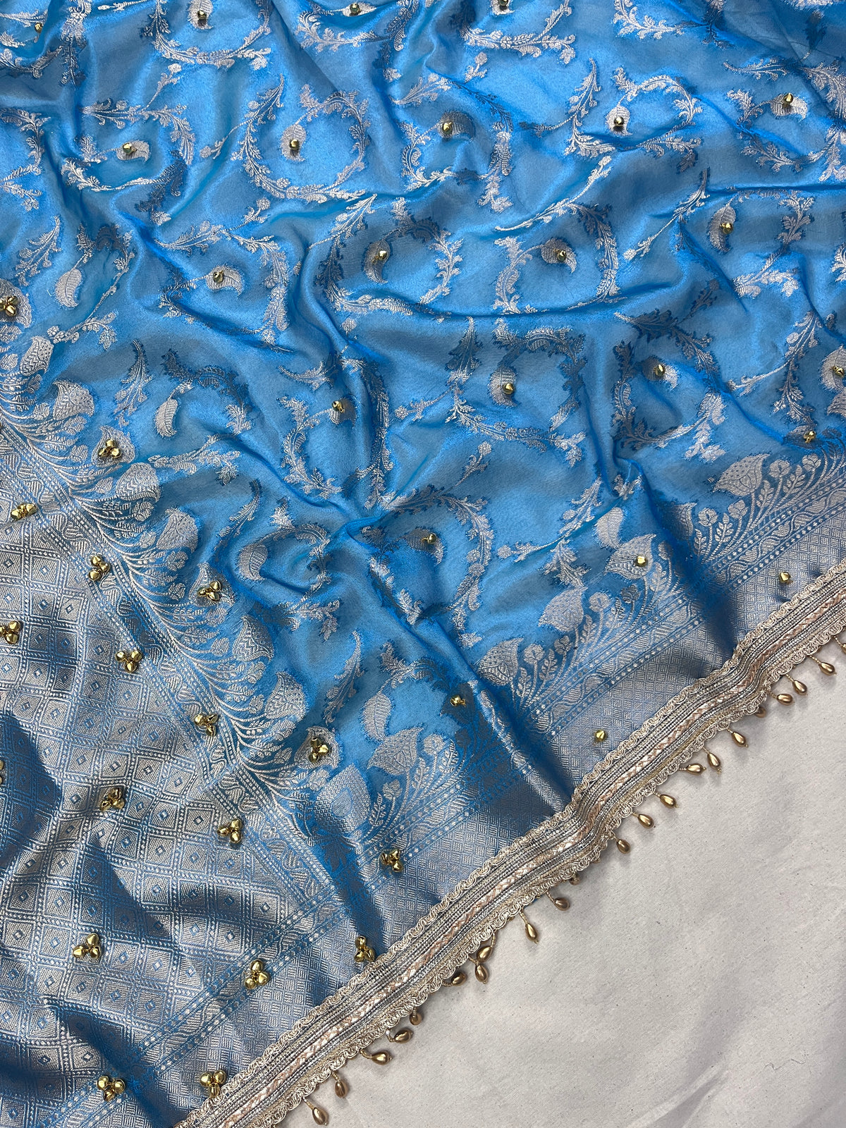 Sky Blue Tissue Silk Saree With Ghungroo & Designer Border Lace Saree