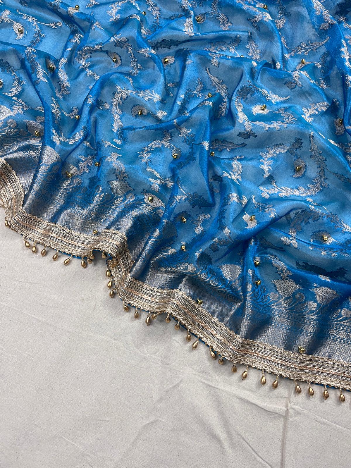 Sky Blue Tissue Silk Saree With Ghungroo & Designer Border Lace Saree