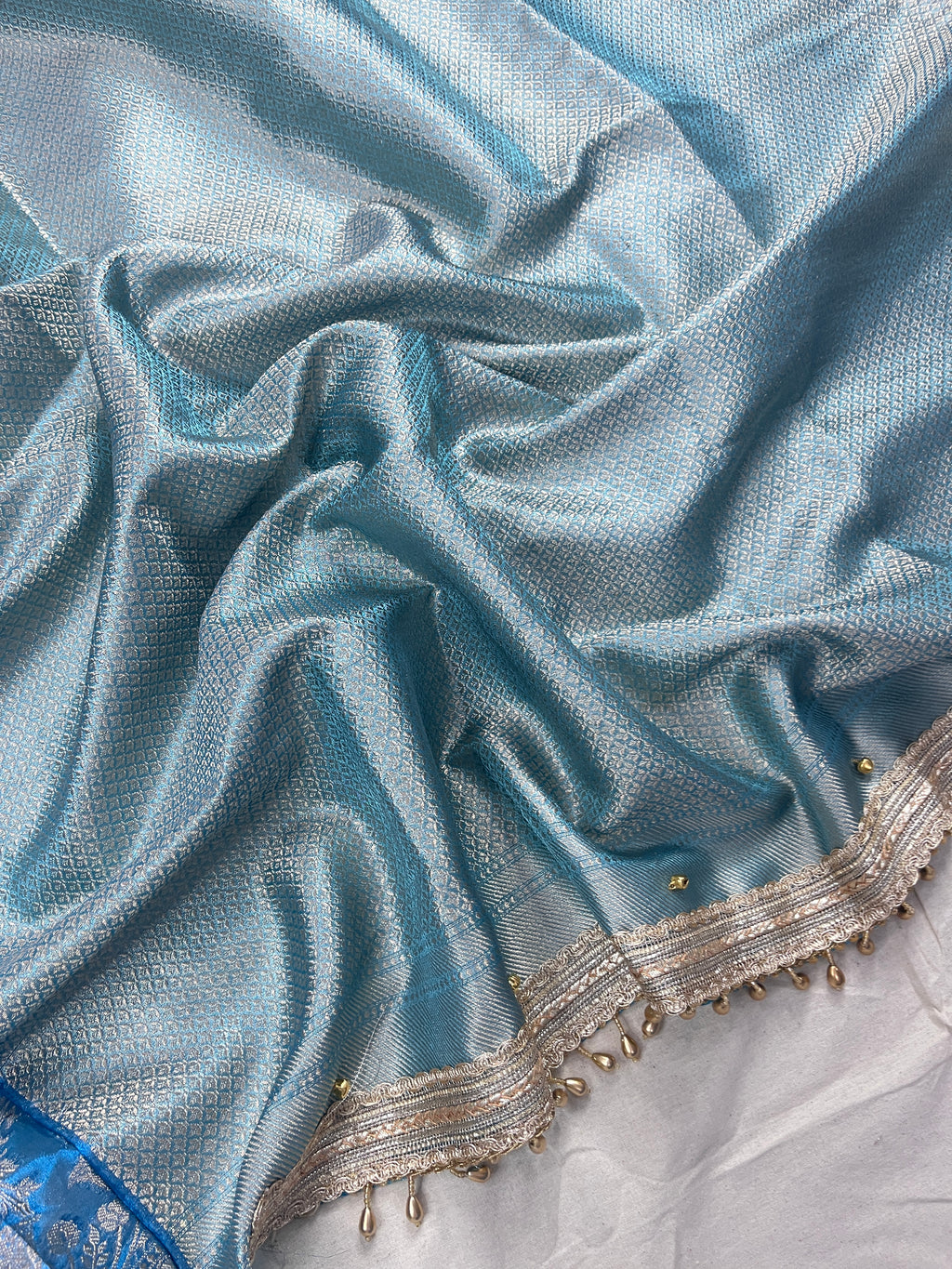 Sky Blue Tissue Silk Saree With Ghungroo & Designer Border Lace Saree