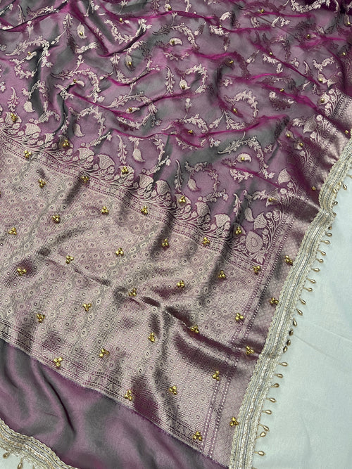Dark Wine Tissue Silk Saree With Ghungroo & Designer Border Lace Saree