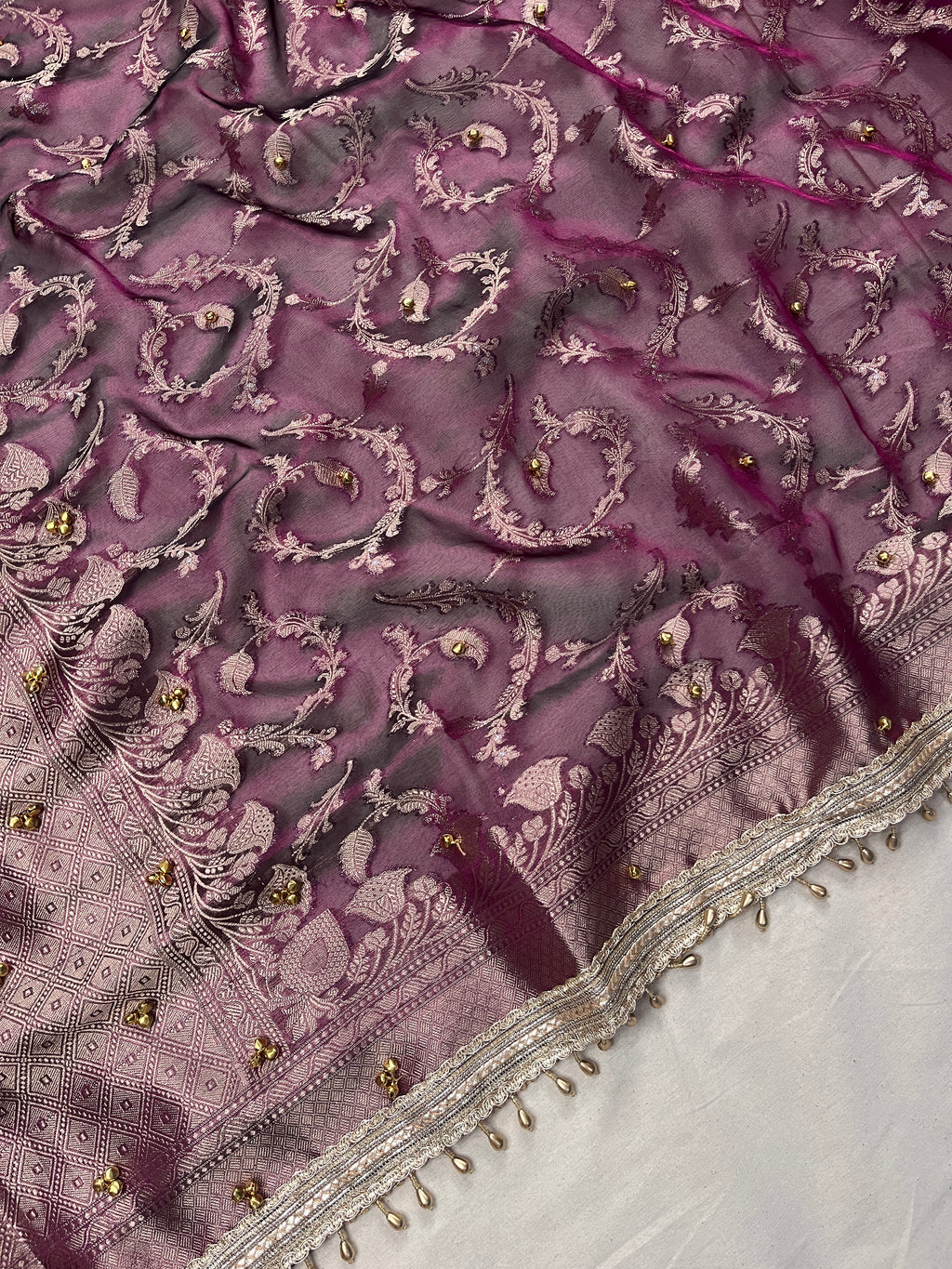 Dark Wine Tissue Silk Saree With Ghungroo & Designer Border Lace Saree