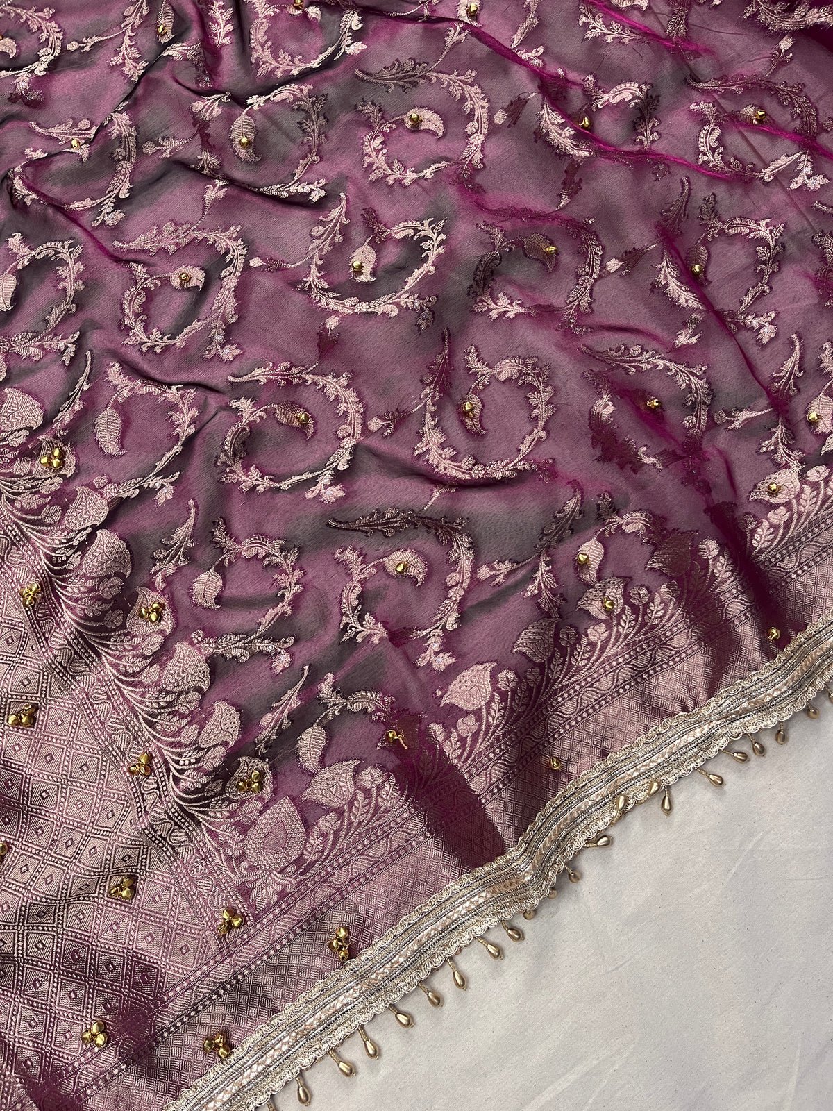 Dark Wine Tissue Silk Saree With Ghungroo & Designer Border Lace Saree
