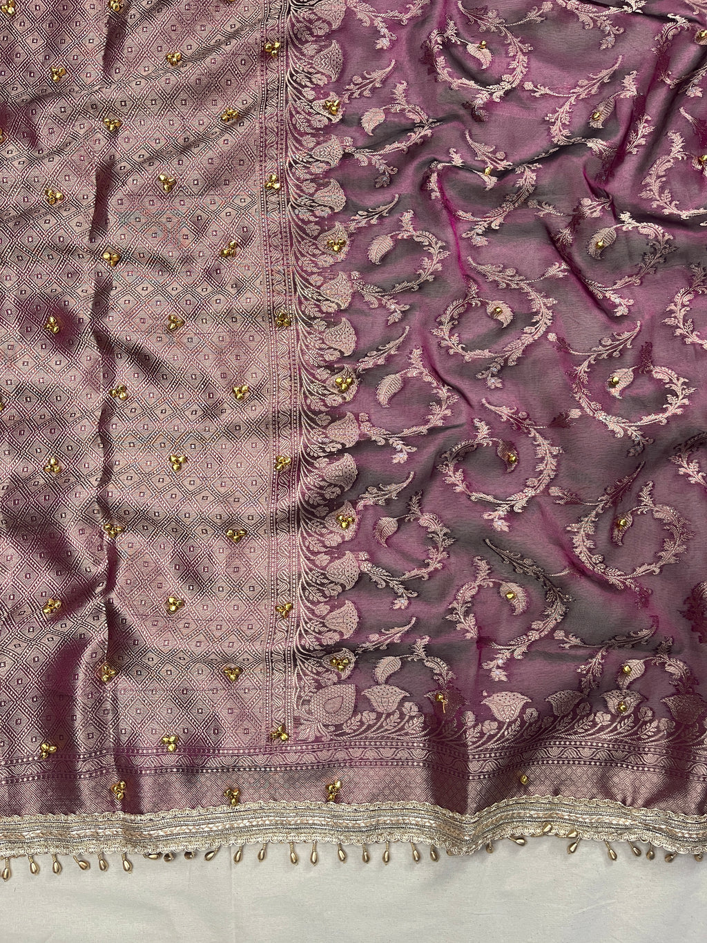 Dark Wine Tissue Silk Saree With Ghungroo & Designer Border Lace Saree