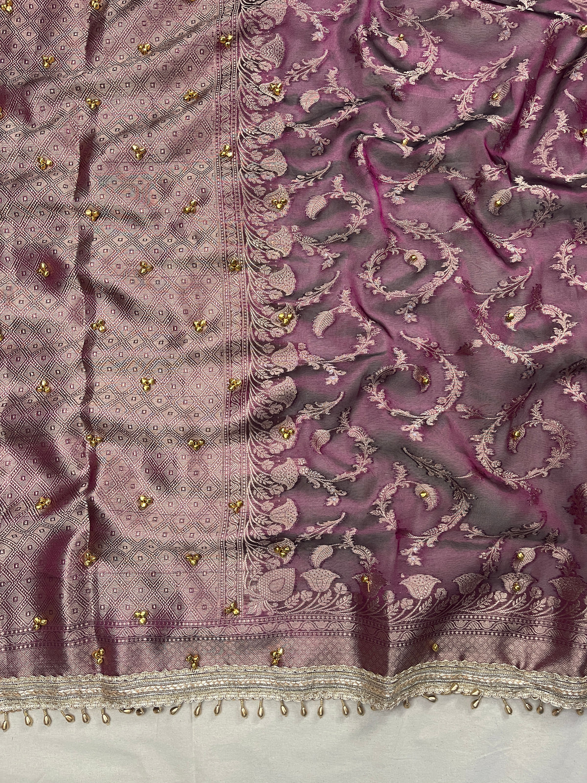 Dark Wine Tissue Silk Saree With Ghungroo & Designer Border Lace Saree