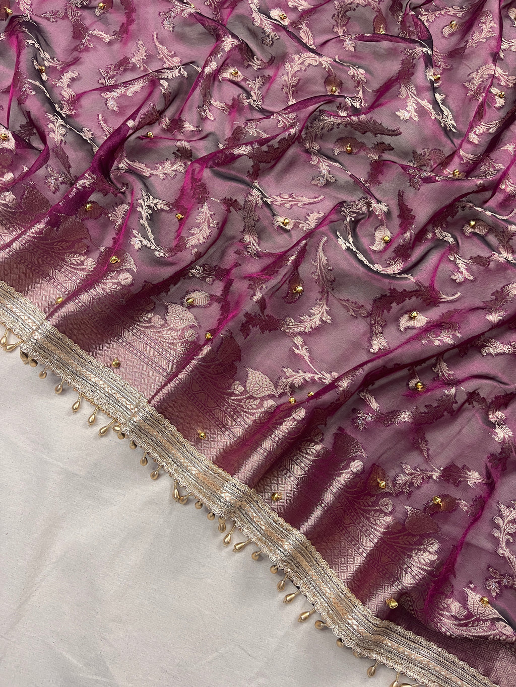Dark Wine Tissue Silk Saree With Ghungroo & Designer Border Lace Saree