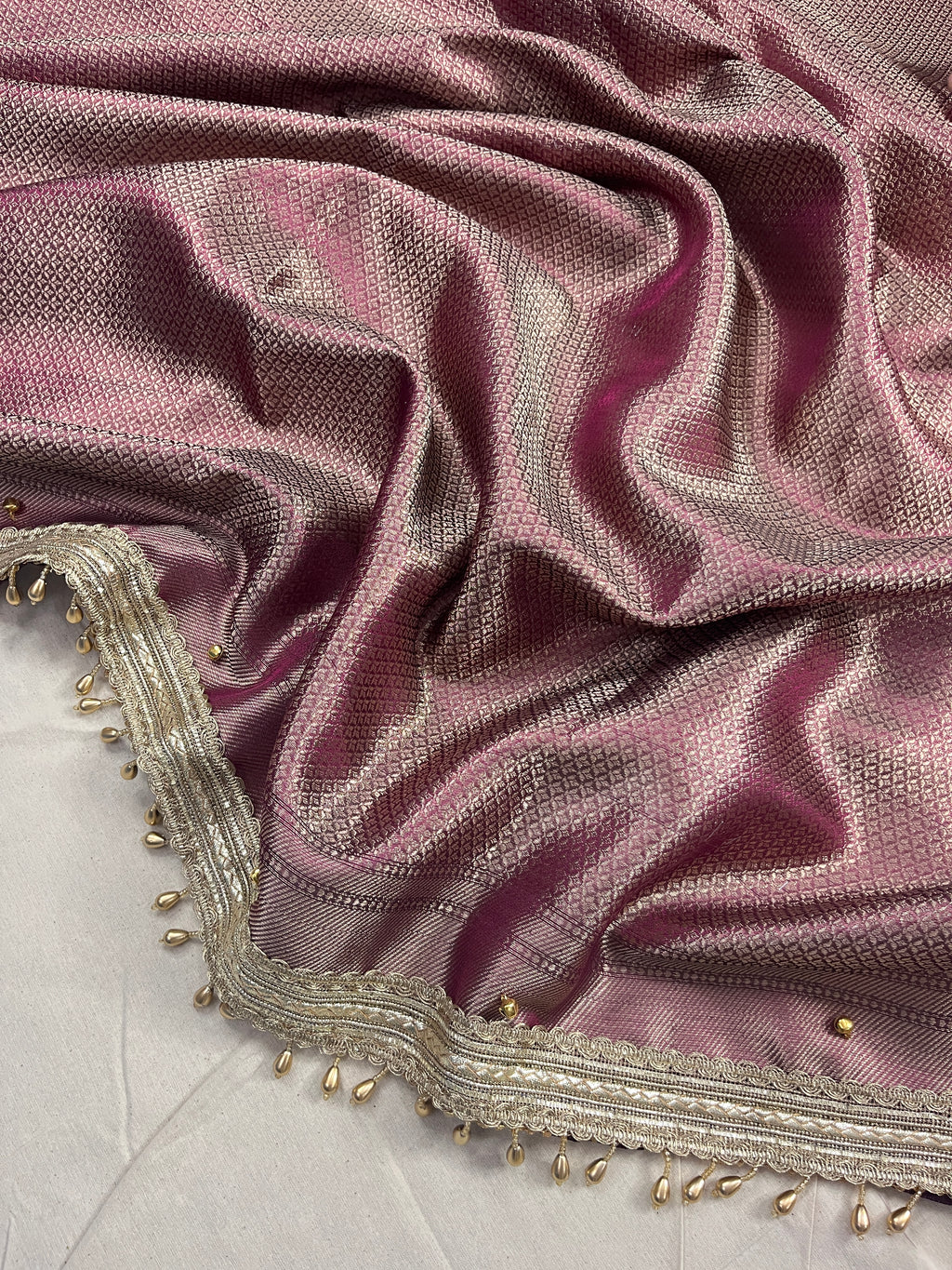 Dark Wine Tissue Silk Saree With Ghungroo & Designer Border Lace Saree