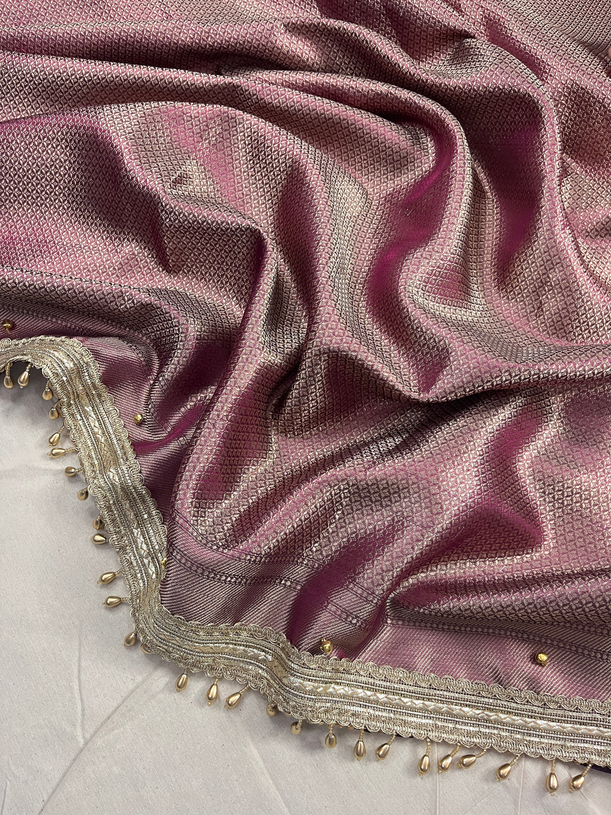 Dark Wine Tissue Silk Saree With Ghungroo & Designer Border Lace Saree
