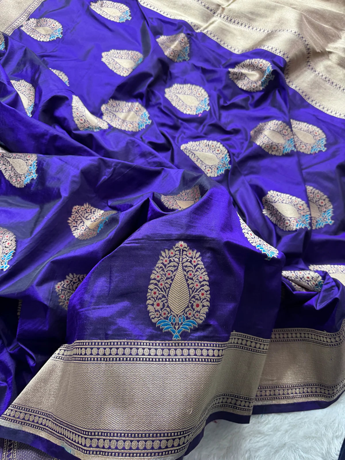 Royal Blue Pure katan Zari Border Aanchal Mina Boota Saree