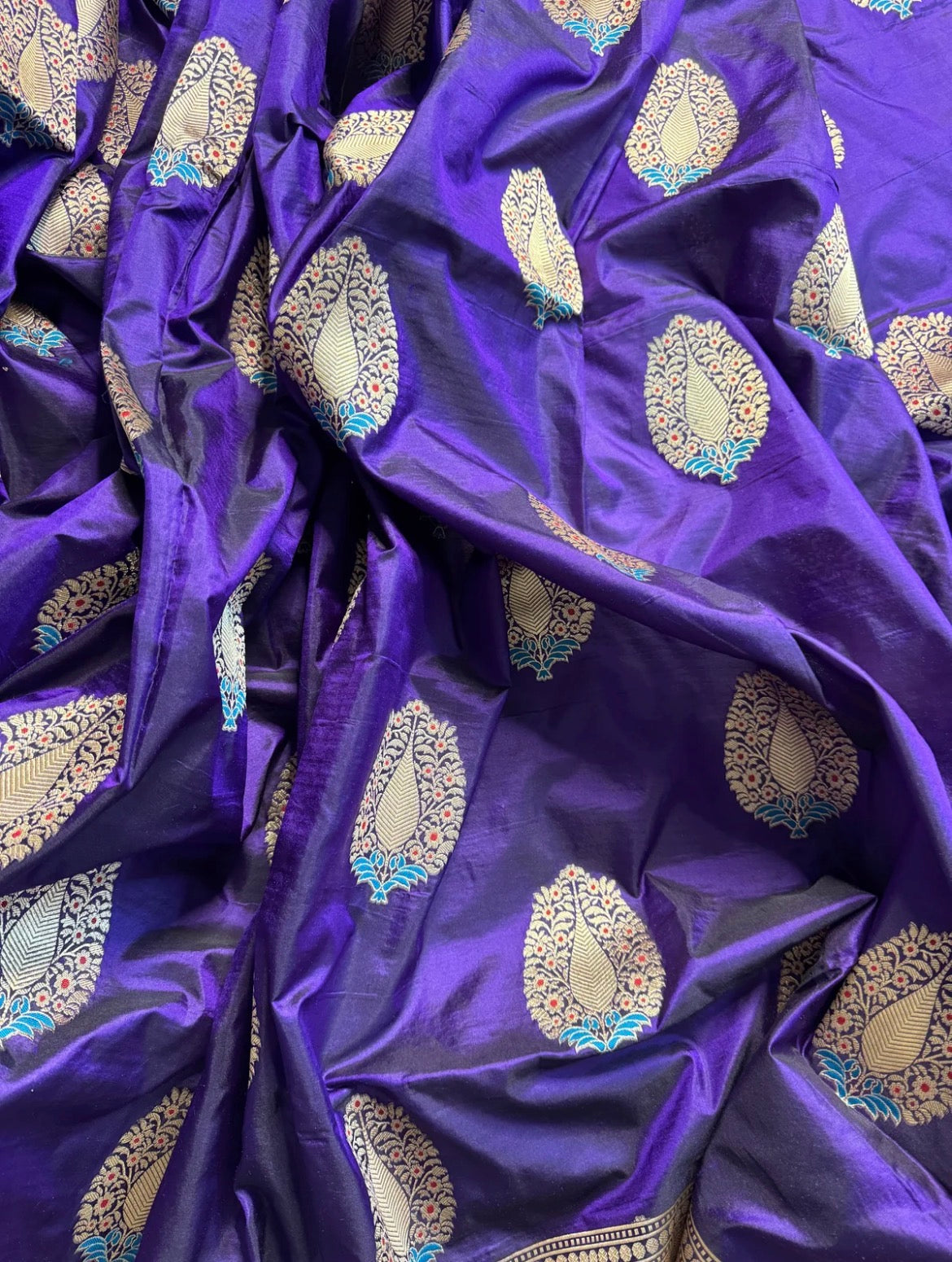 Royal Blue Pure katan Zari Border Aanchal Mina Boota Saree