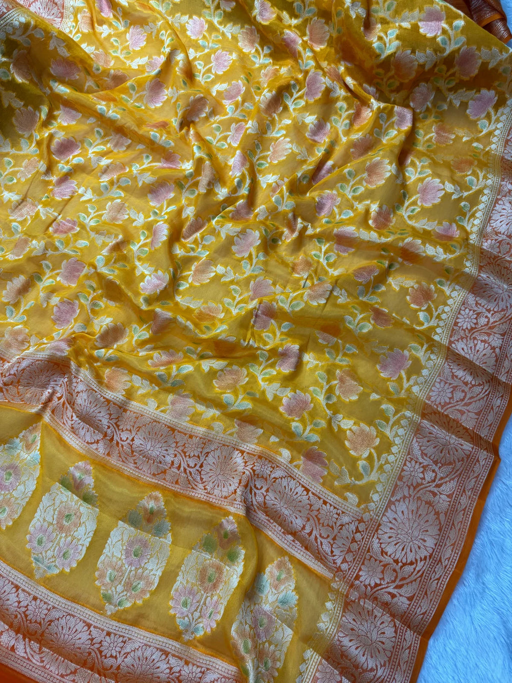Golden Mustard & Burnt Orange Handbrush Meenakari Pure Chiffon Silk Banarasi Saree