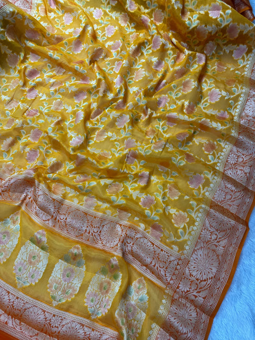 Golden Mustard & Burnt Orange Handbrush Meenakari Pure Chiffon Silk Banarasi Saree