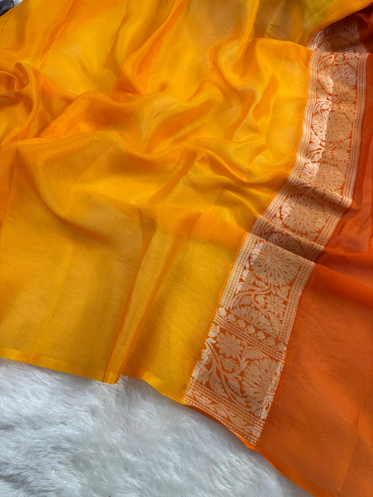 Golden Mustard & Burnt Orange Handbrush Meenakari Pure Chiffon Silk Banarasi Saree
