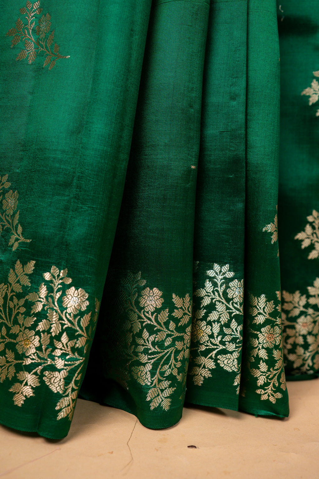 Emerald Green Chiniya Silk Saree with Silver Zari Floral Weaving