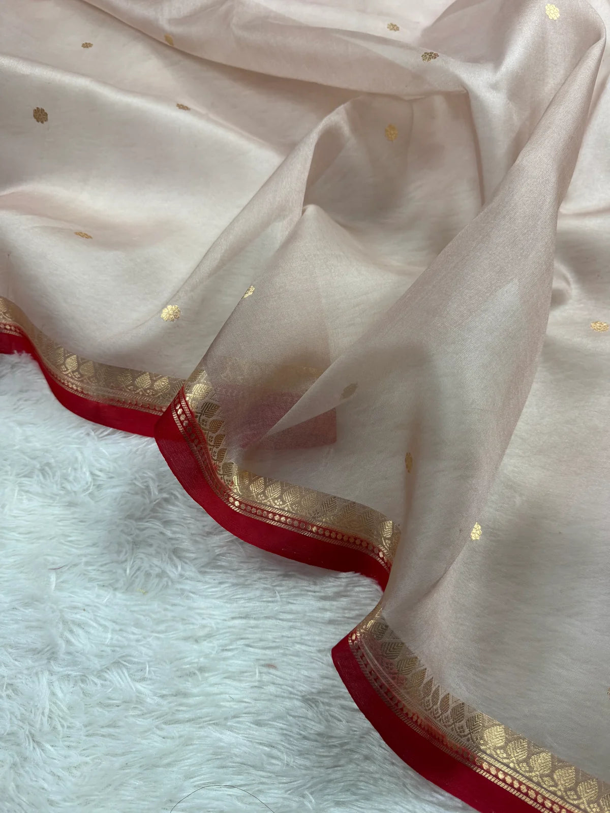 Pastel Grey & Red Pure Kora Organza Silk Banarasi Saree