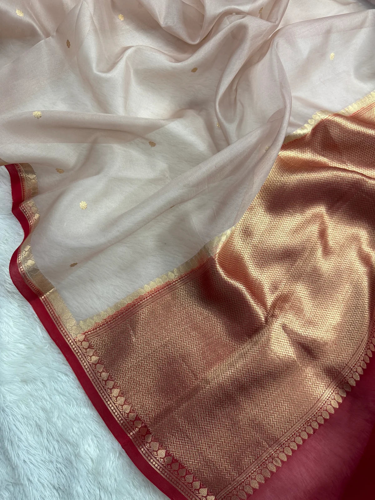 Pastel Grey & Red Pure Kora Organza Silk Banarasi Saree