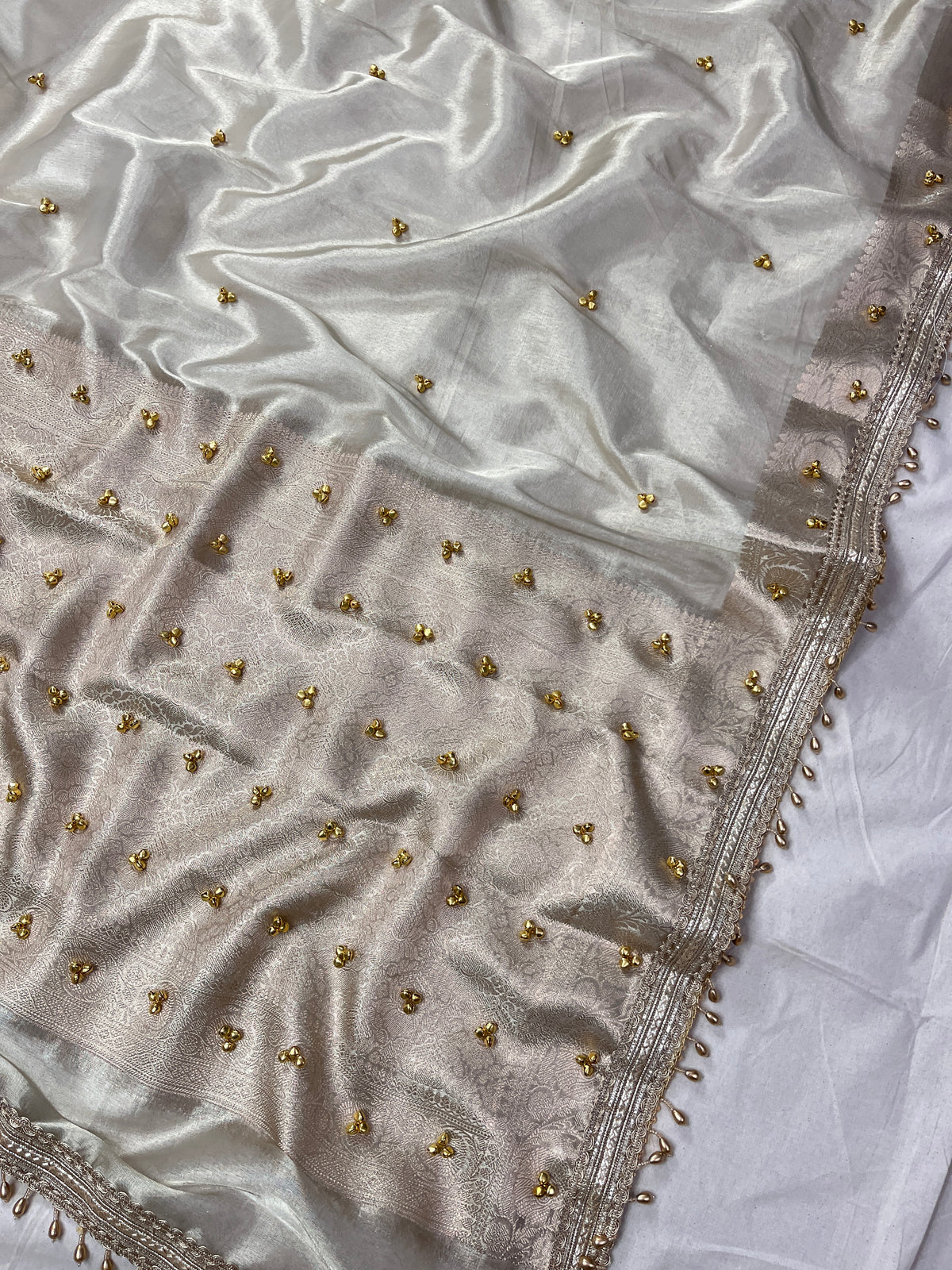 Natural White Banarasi Premium Tissue Silk Saree Premium Mirror & Ghungroo Work With Designer Lace