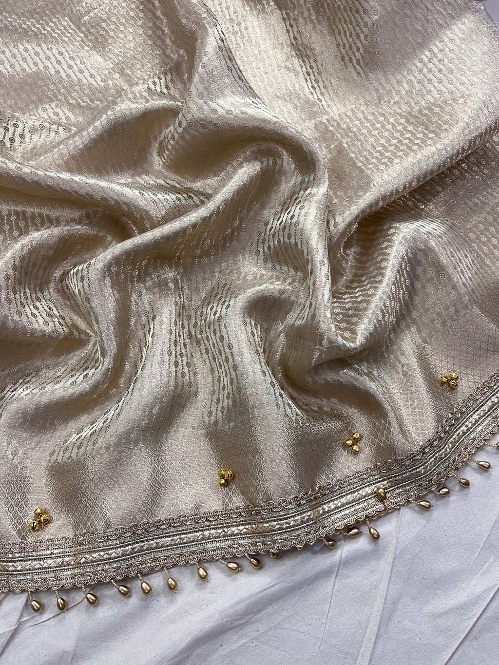 Natural White Banarasi Premium Tissue Silk Saree Premium Mirror & Ghungroo Work With Designer Lace