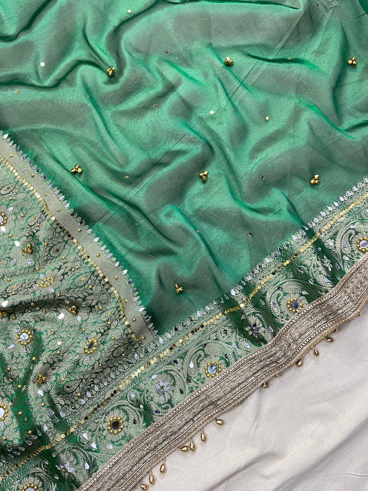 Green Banarasi Premium Tissue Silk Saree Premium Mirror & Ghungroo Work With Designer Lace