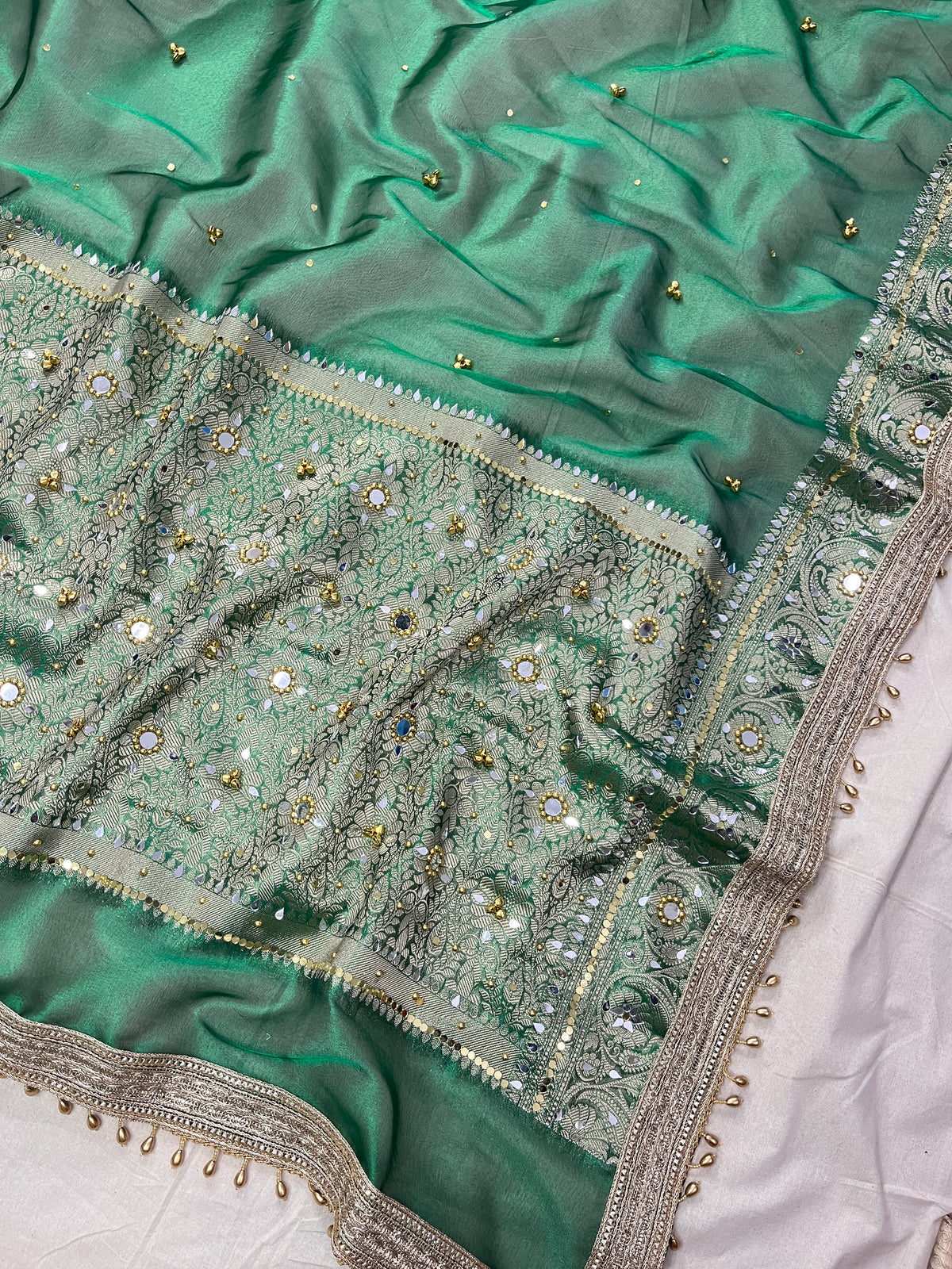 Green Banarasi Premium Tissue Silk Saree Premium Mirror & Ghungroo Work With Designer Lace