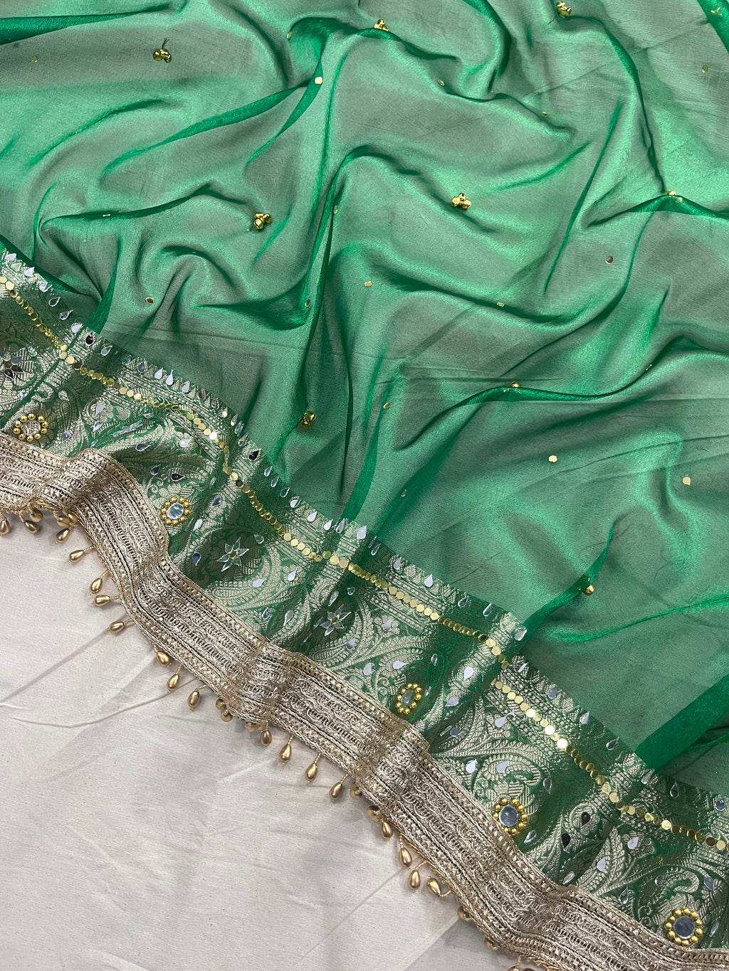 Green Banarasi Premium Tissue Silk Saree Premium Mirror & Ghungroo Work With Designer Lace