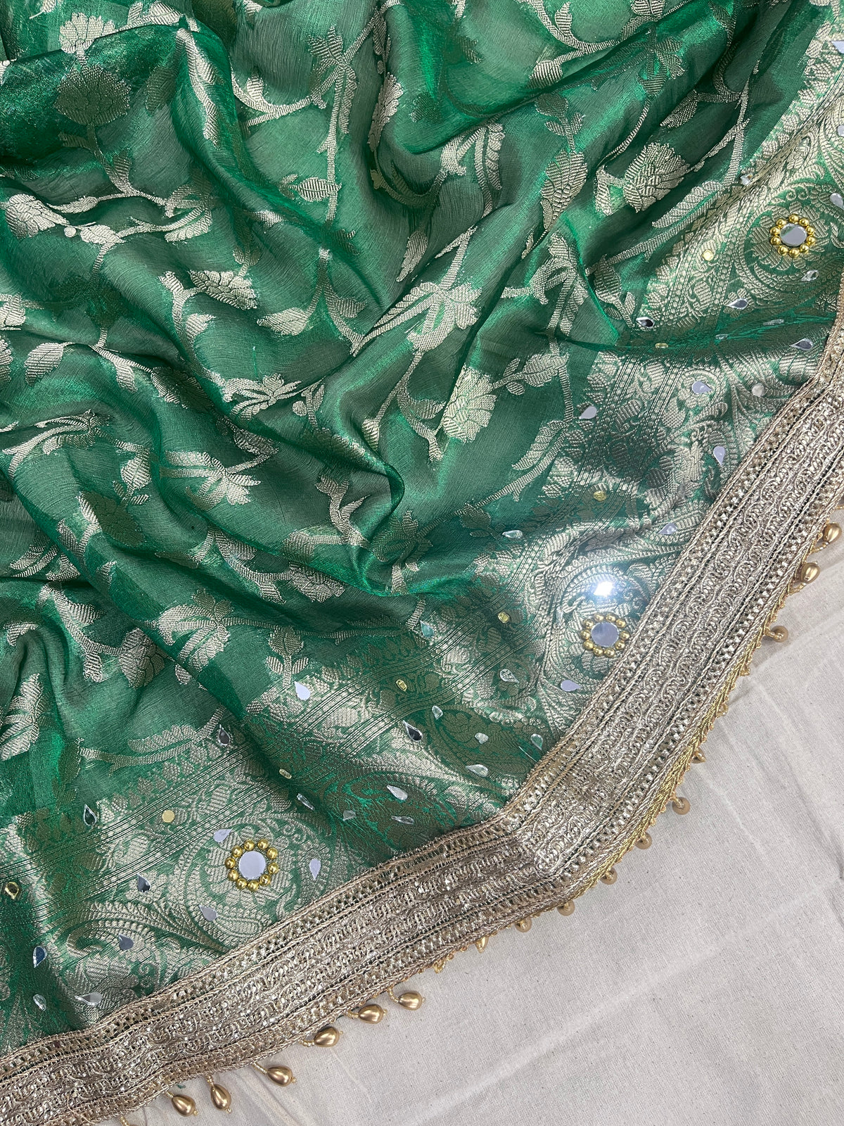 Green Banarasi Premium Tissue Silk Saree Premium Mirror & Ghungroo Work With Designer Lace