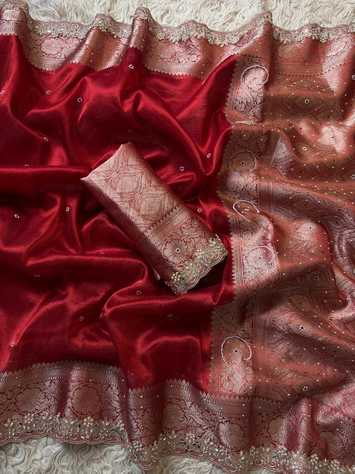 Red Tissue Silk Saree Beautiful Pearl & Designer Lace Work Saree