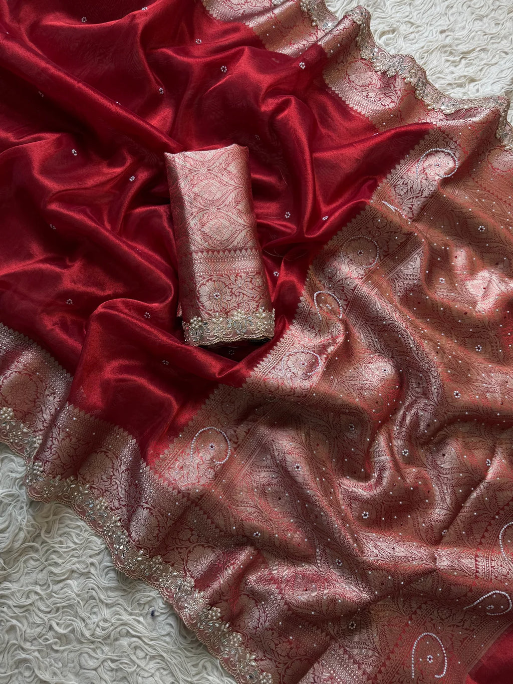 Red Tissue Silk Saree Beautiful Pearl & Designer Lace Work Saree