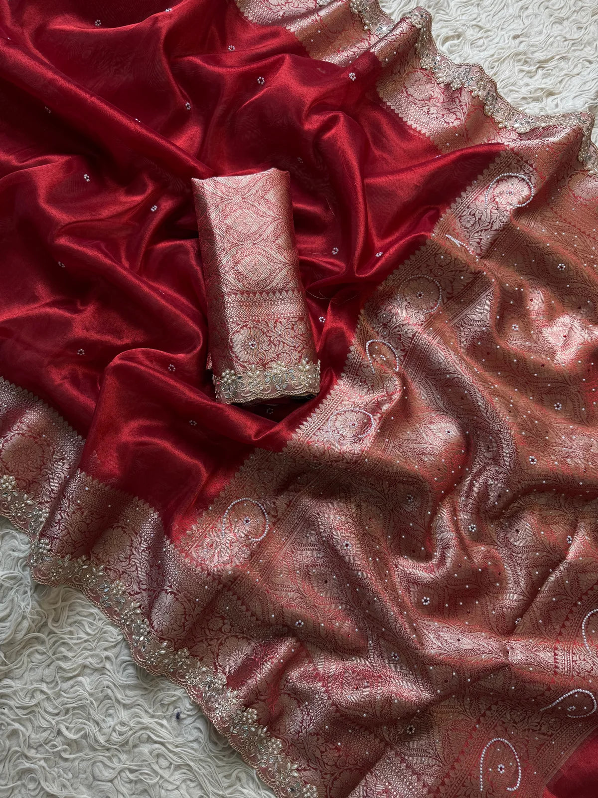Red Tissue Silk Saree Beautiful Pearl & Designer Lace Work Saree