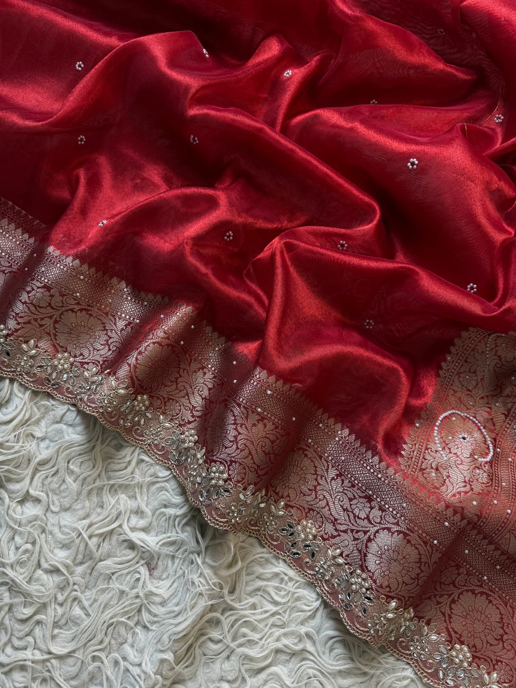 Red Tissue Silk Saree Beautiful Pearl & Designer Lace Work Saree