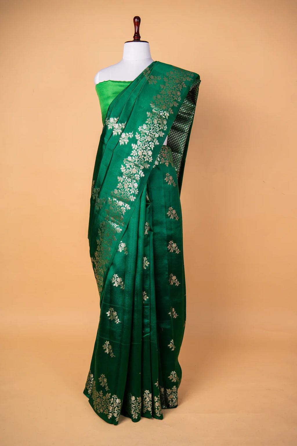 Emerald Green Chiniya Silk Saree with Silver Zari Floral Weaving