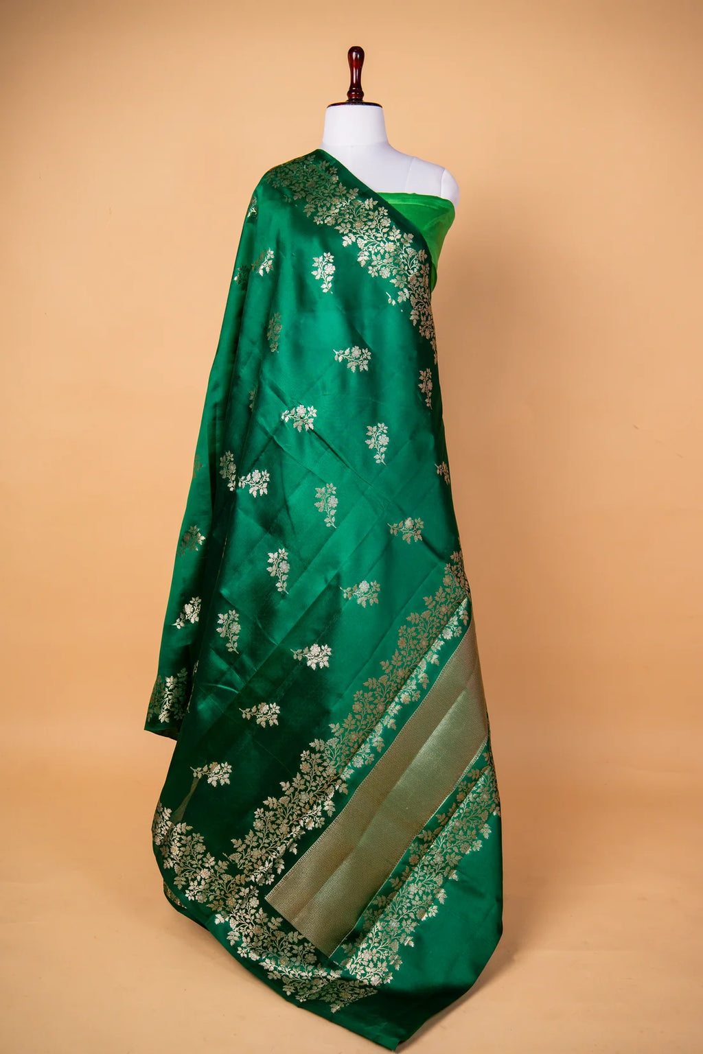 Emerald Green Chiniya Silk Saree with Silver Zari Floral Weaving