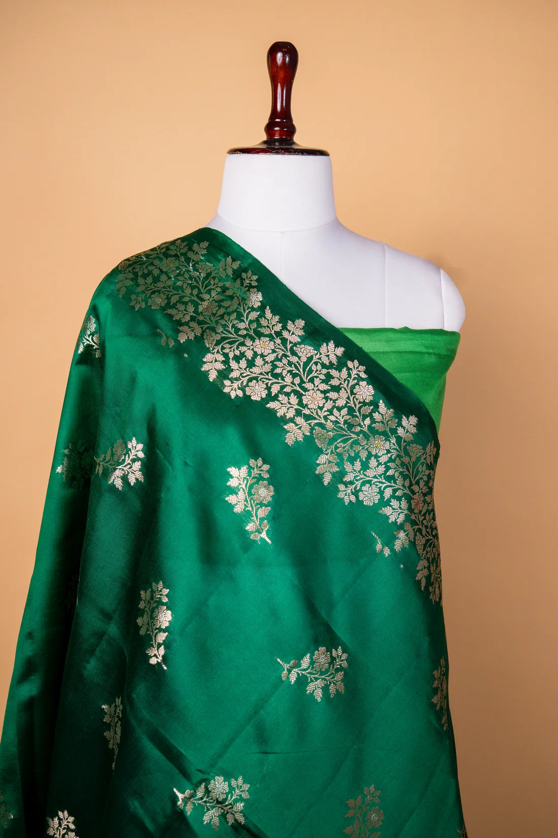 Emerald Green Chiniya Silk Saree with Silver Zari Floral Weaving