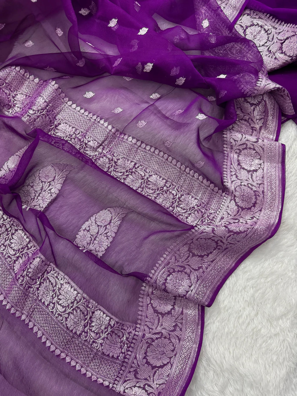 Jamuni Pure Khaddi Chiffon Silk Banarasi Saree Pure Silver Zari Work