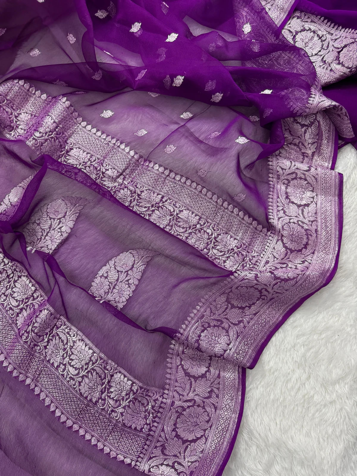 Jamuni Pure Khaddi Chiffon Silk Banarasi Saree Pure Silver Zari Work