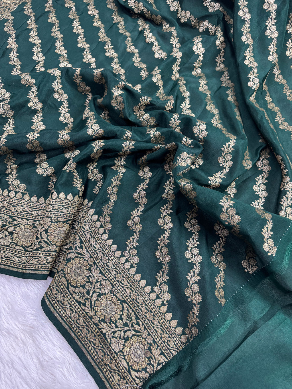 Green & Royal Blue Pure Khaddi Crap Silk Banarasi Saree