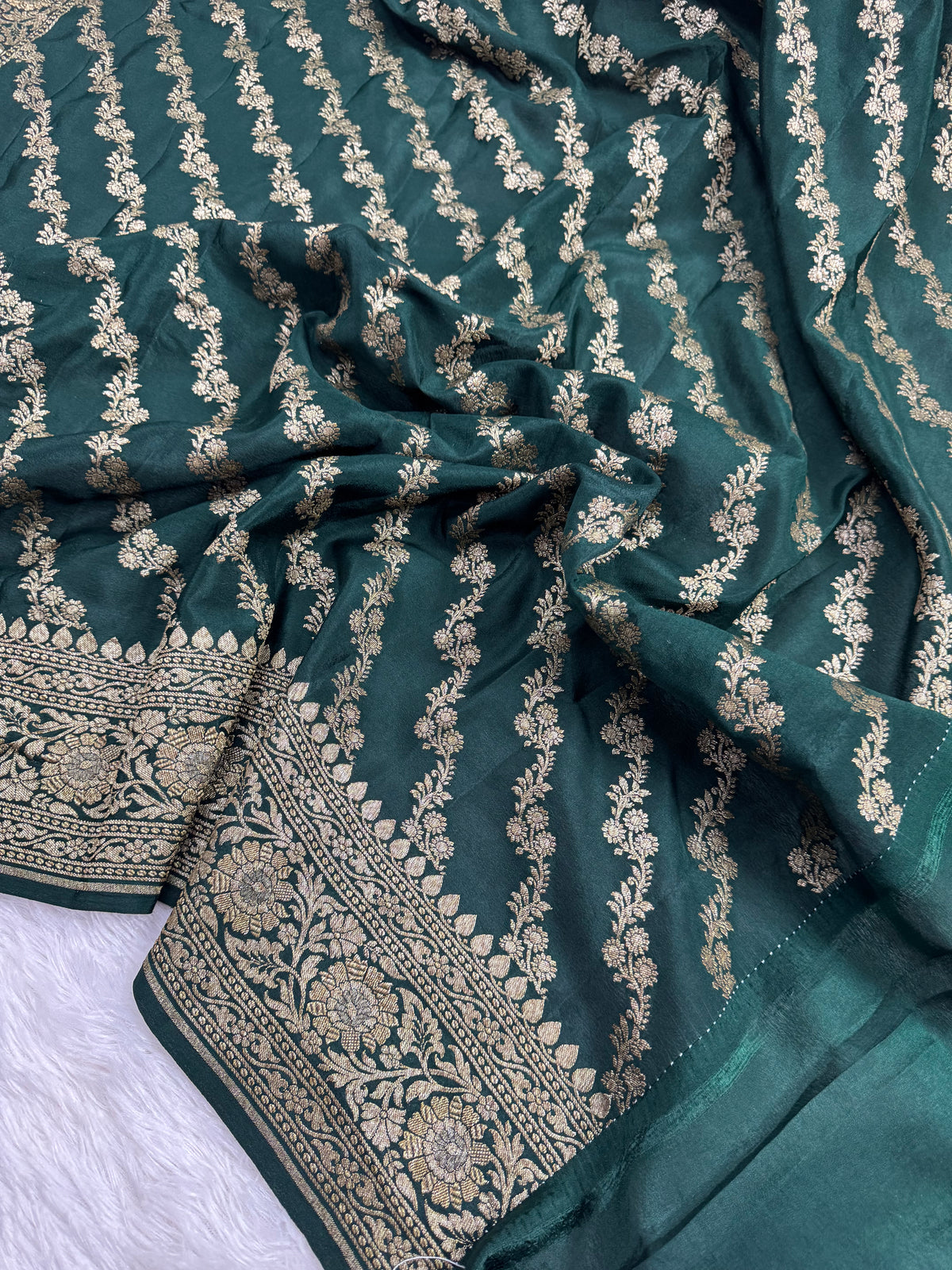 Green & Royal Blue Pure Khaddi Crap Silk Banarasi Saree