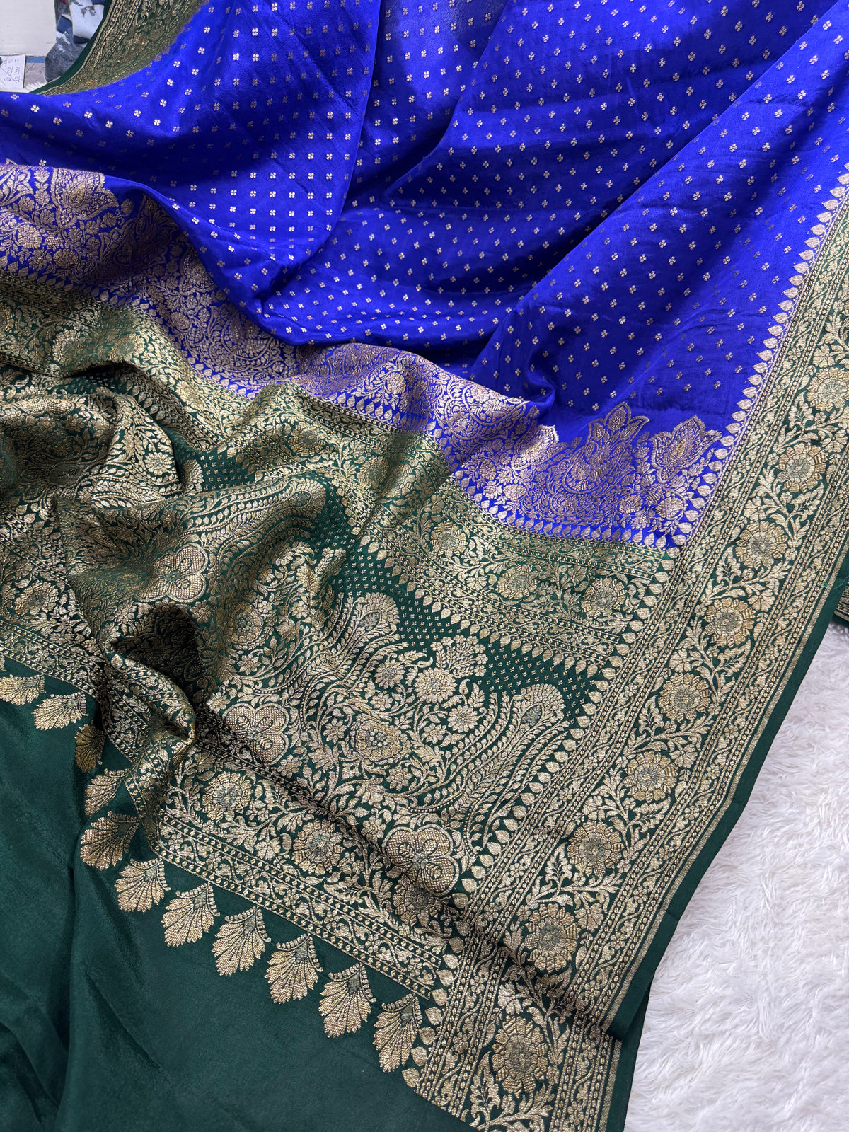 Green & Royal Blue Pure Khaddi Crap Silk Banarasi Saree