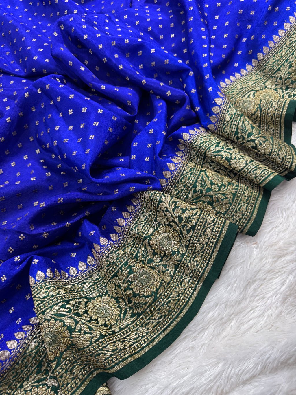 Green & Royal Blue Pure Khaddi Crap Silk Banarasi Saree