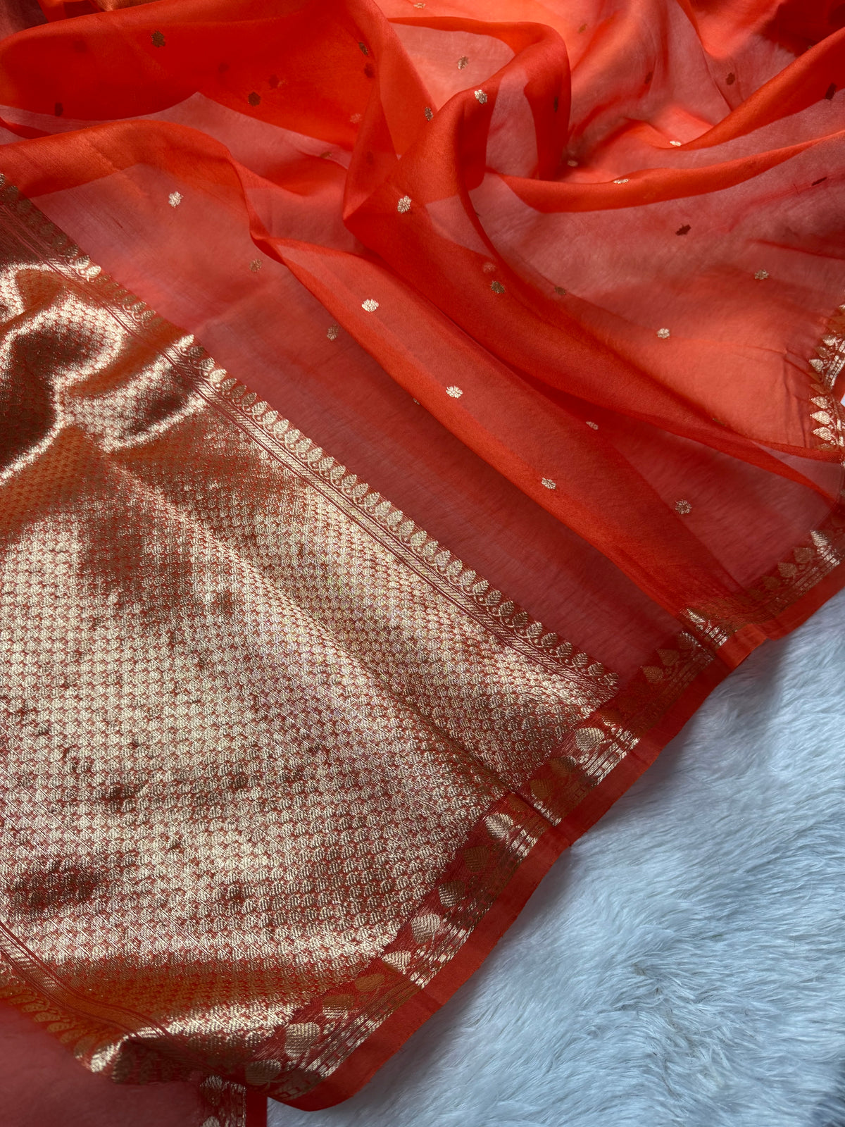 Orange Pure Kora Organza Banarasi Saree
