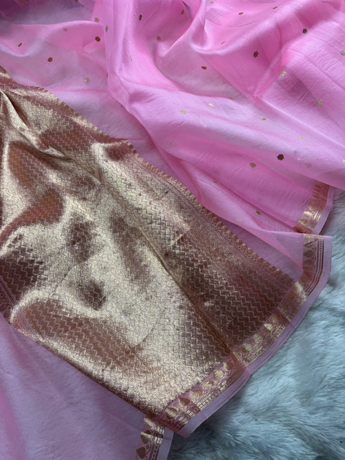Baby Pink Pure Kora Organza Banarasi Saree