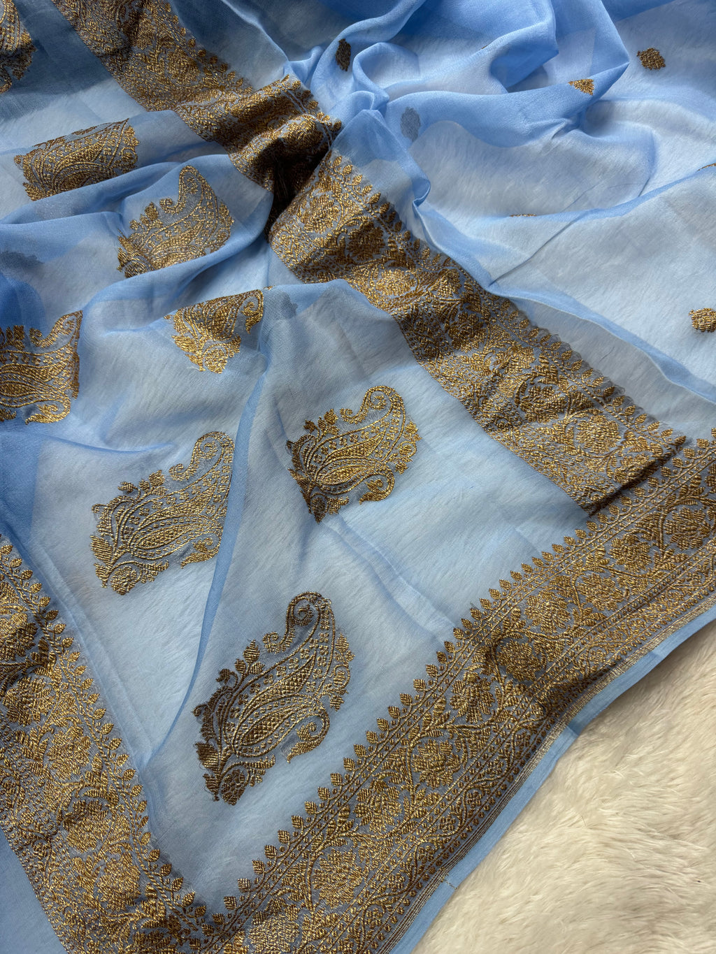 Powder Blue Pure khaddi Chiffon Silk Banarasi Saree Pure Antique Zari Work