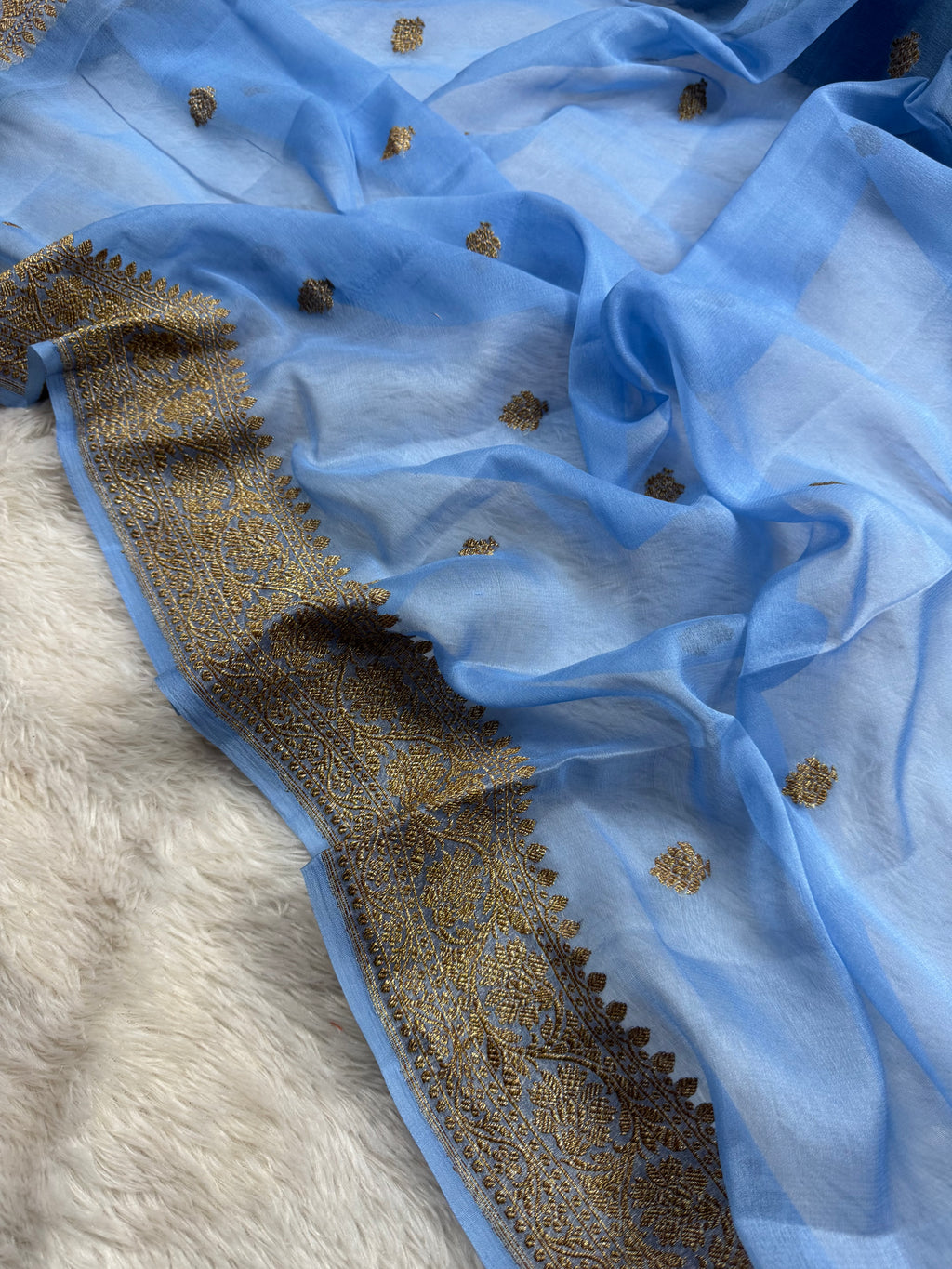Powder Blue Pure khaddi Chiffon Silk Banarasi Saree Pure Antique Zari Work
